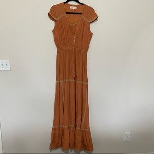 Lost in lunar terracotta cap sleeve crochet detail fit &flare tiered maxi dress